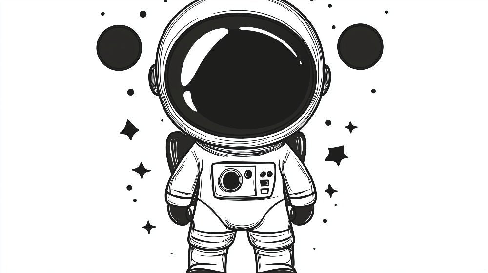 Close-up of black and white astronaut design with stars and space elements on mural wallpaper