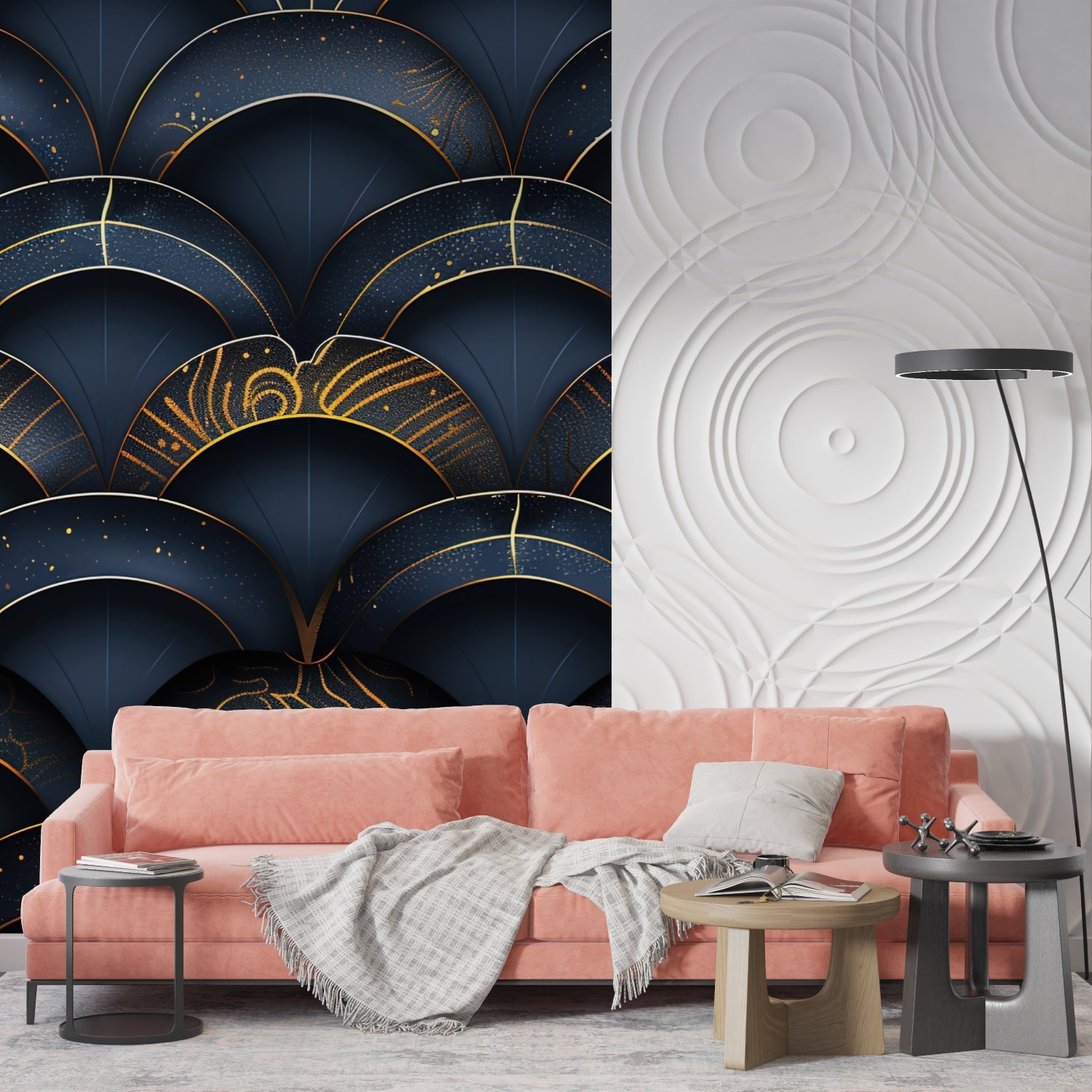 Art Deco mural wallpaper with navy blue and gold arches pattern shown with pink sofa