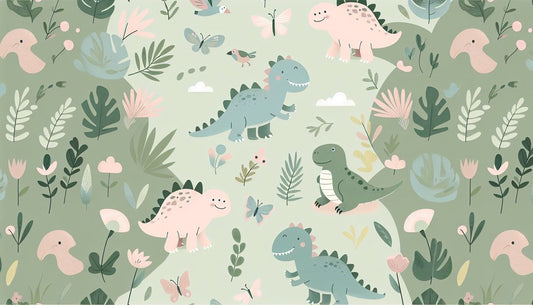 Dinosaur mural wallpaper with cute pastel dinosaurs, butterflies, and botanical elements on sage green background