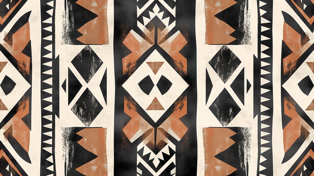 Modern tribal geometric mural wallpaper with terracotta and black patterns showing symmetrical diamond shapes and angular designs
