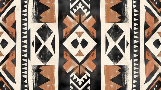 Modern tribal geometric mural wallpaper with terracotta and black patterns showing symmetrical diamond shapes and angular designs