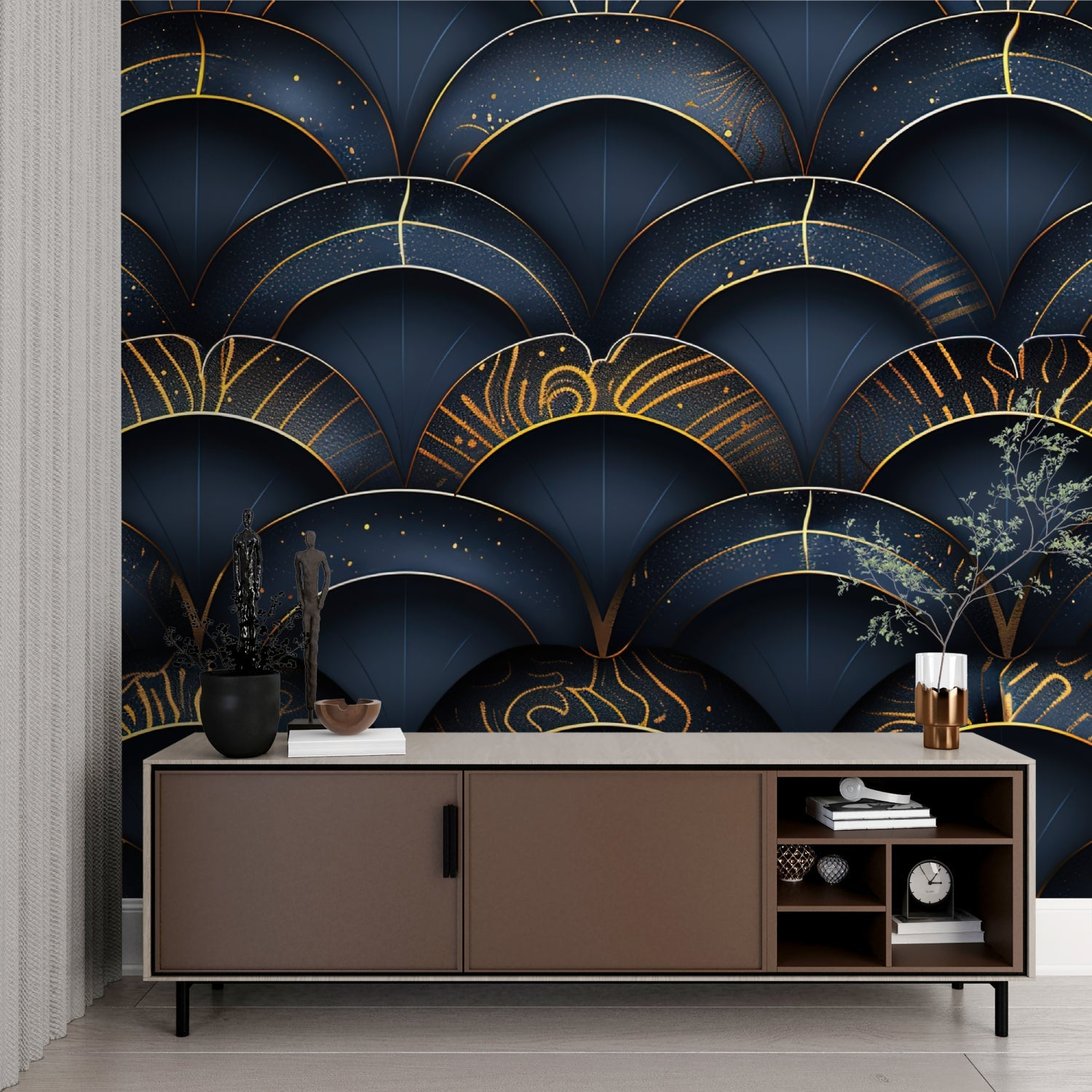 Modern bedroom showcasing Art Deco navy and gold mural wallpaper with geometric pattern