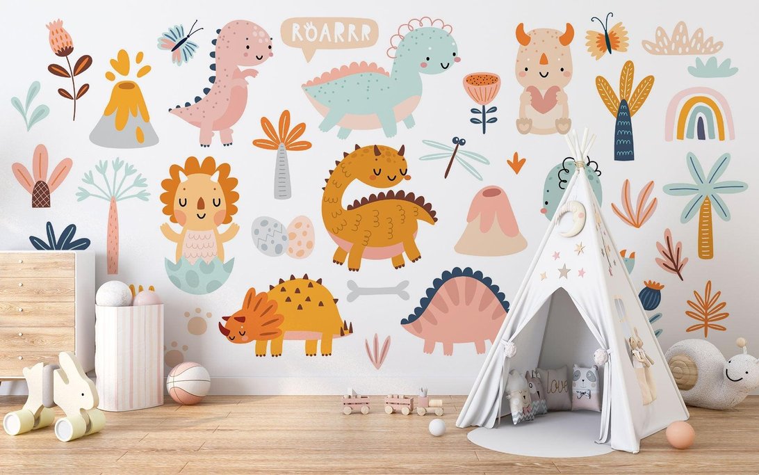 Full wall view of dinosaur mural wallpaper showcasing complete design with nature elements