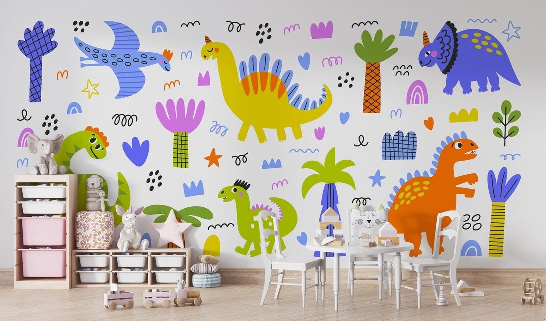 Full-wall dinosaur mural installation showing pattern repeat
