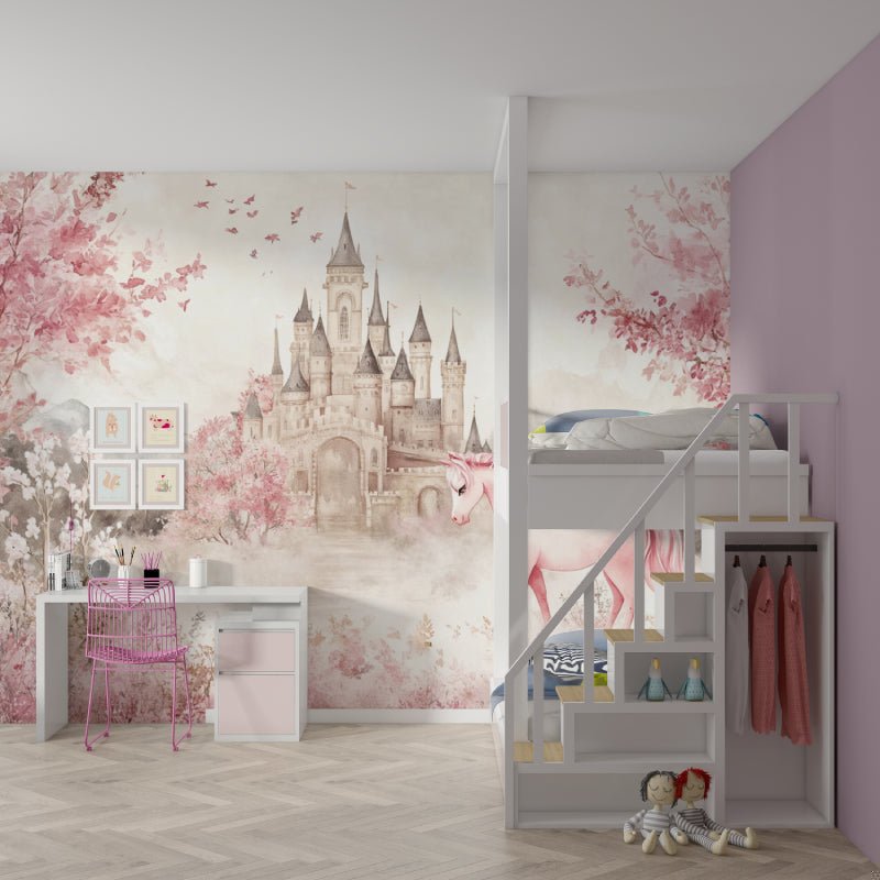Magical castle wall mural with cherry blossoms in children's bedroom with loft bed