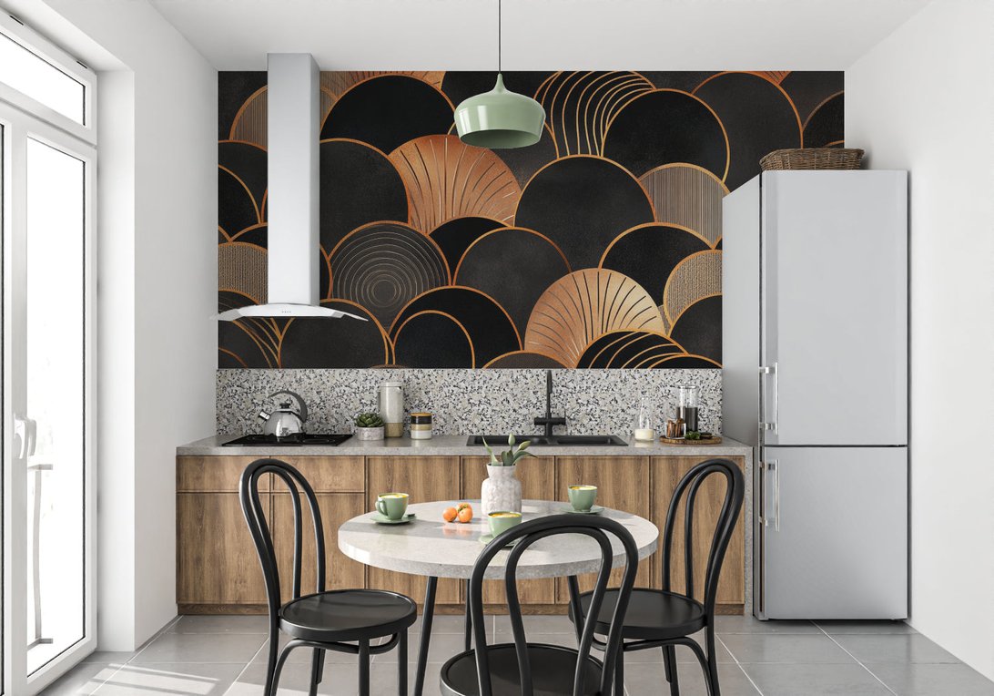 Art Deco mural wallpaper showcasing geometric pattern in contemporary bedroom