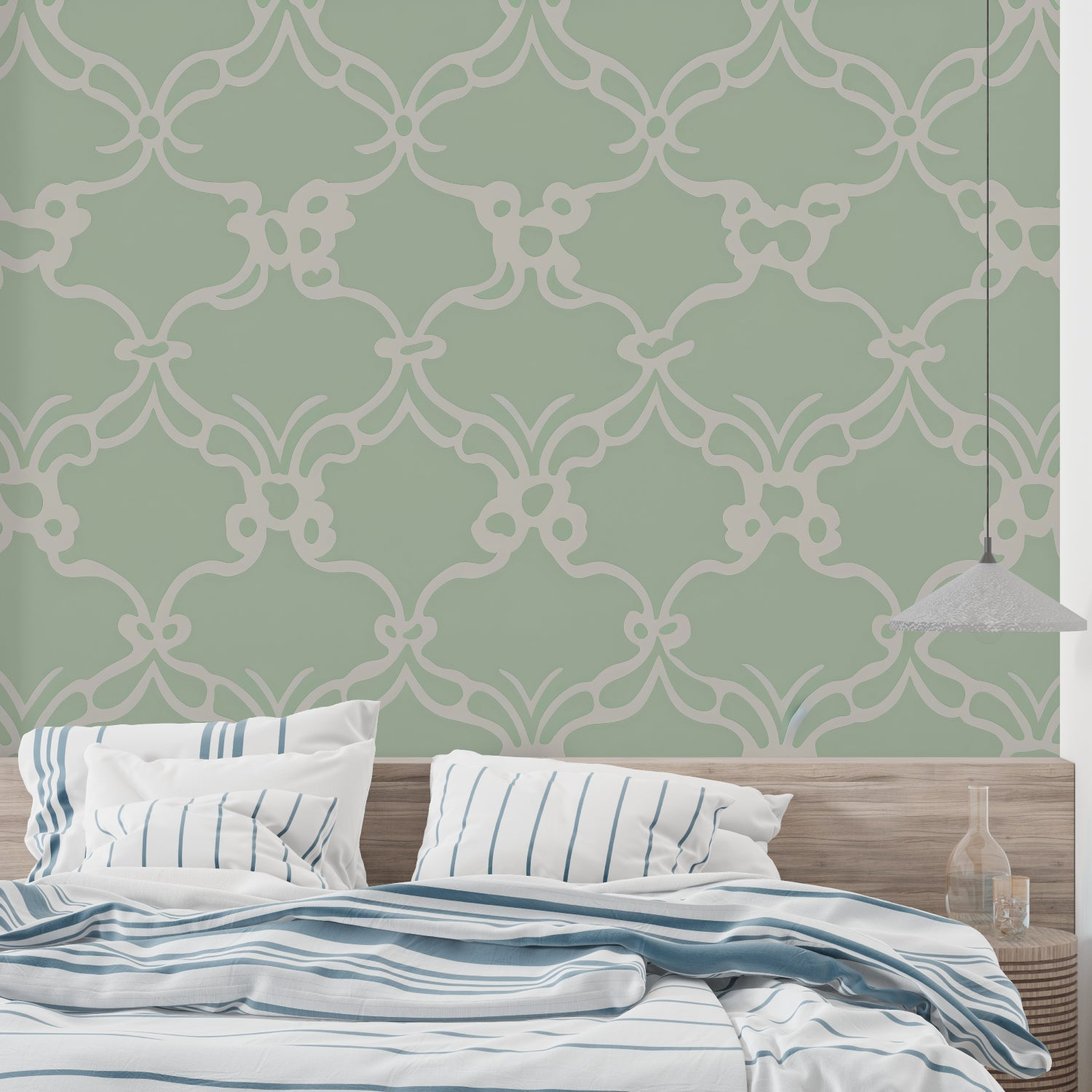 Detailed view of sage green and beige geometric pattern mural wallpaper