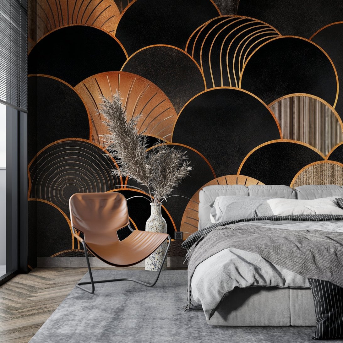 Art Deco black and gold geometric arches mural wallpaper in modern bedroom with leather chair