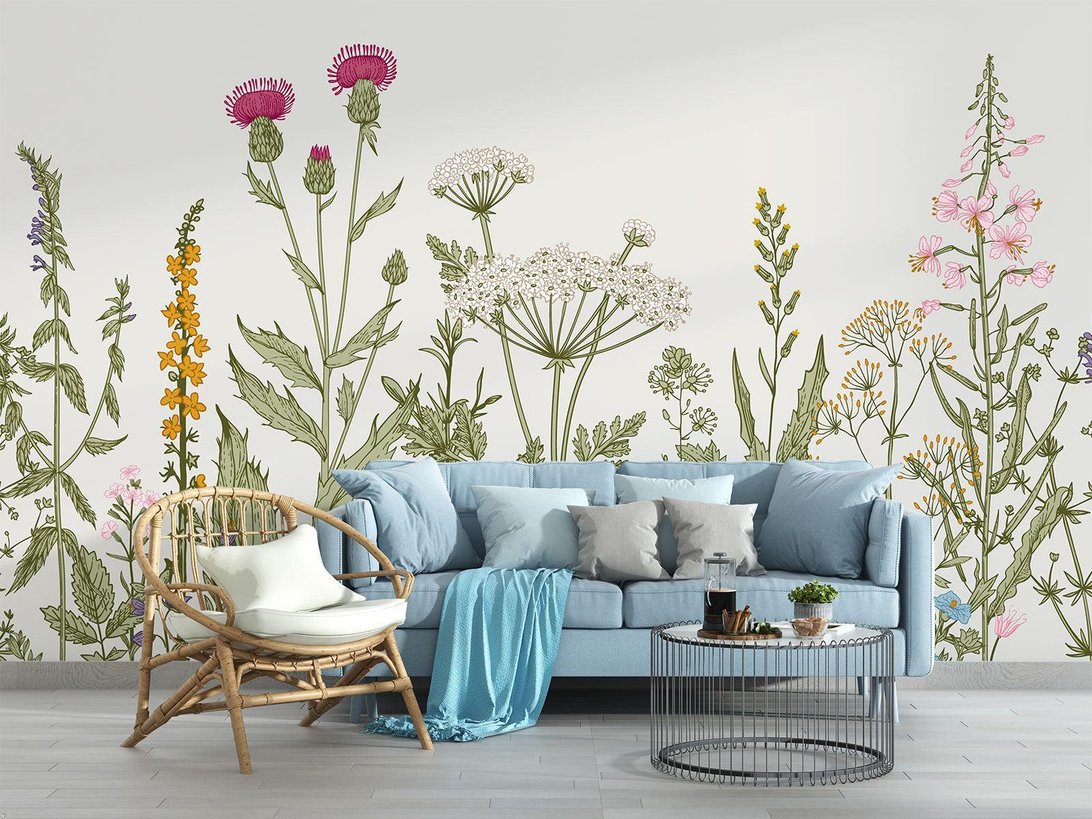 Wildflower wall mural in living room with light blue sofa and rattan furniture