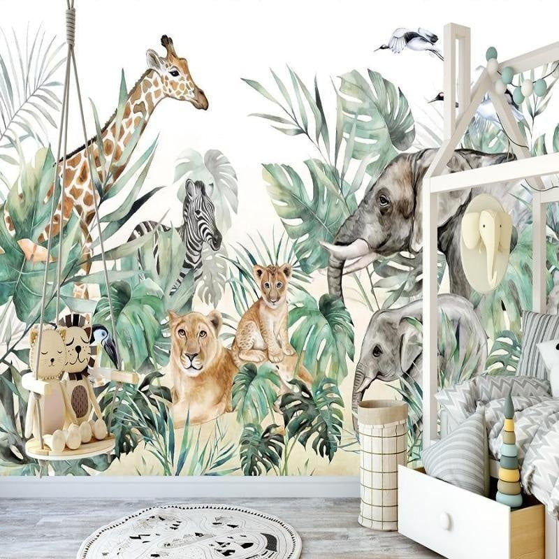 Watercolor safari animals mural wallpaper in a modern children's bedroom
