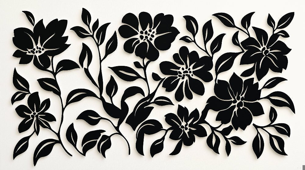 Close-up detail of black and white botanical flower pattern mural wallpaper design
