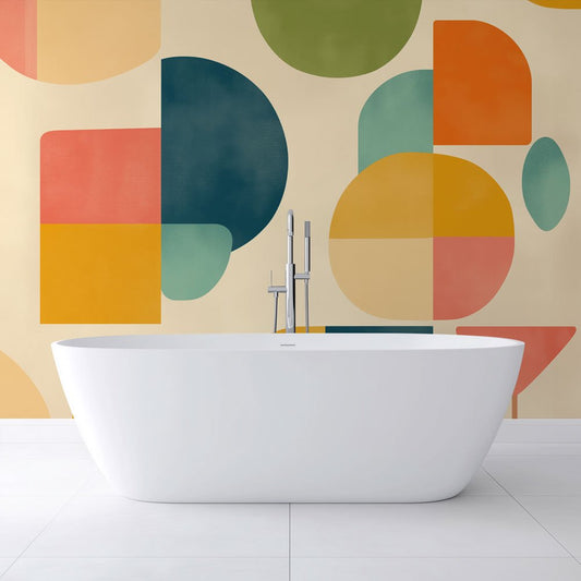 Modern geometric mural wallpaper with retro circles and pastel shapes shown in a minimalist bathroom setting with white freestanding bathtub
