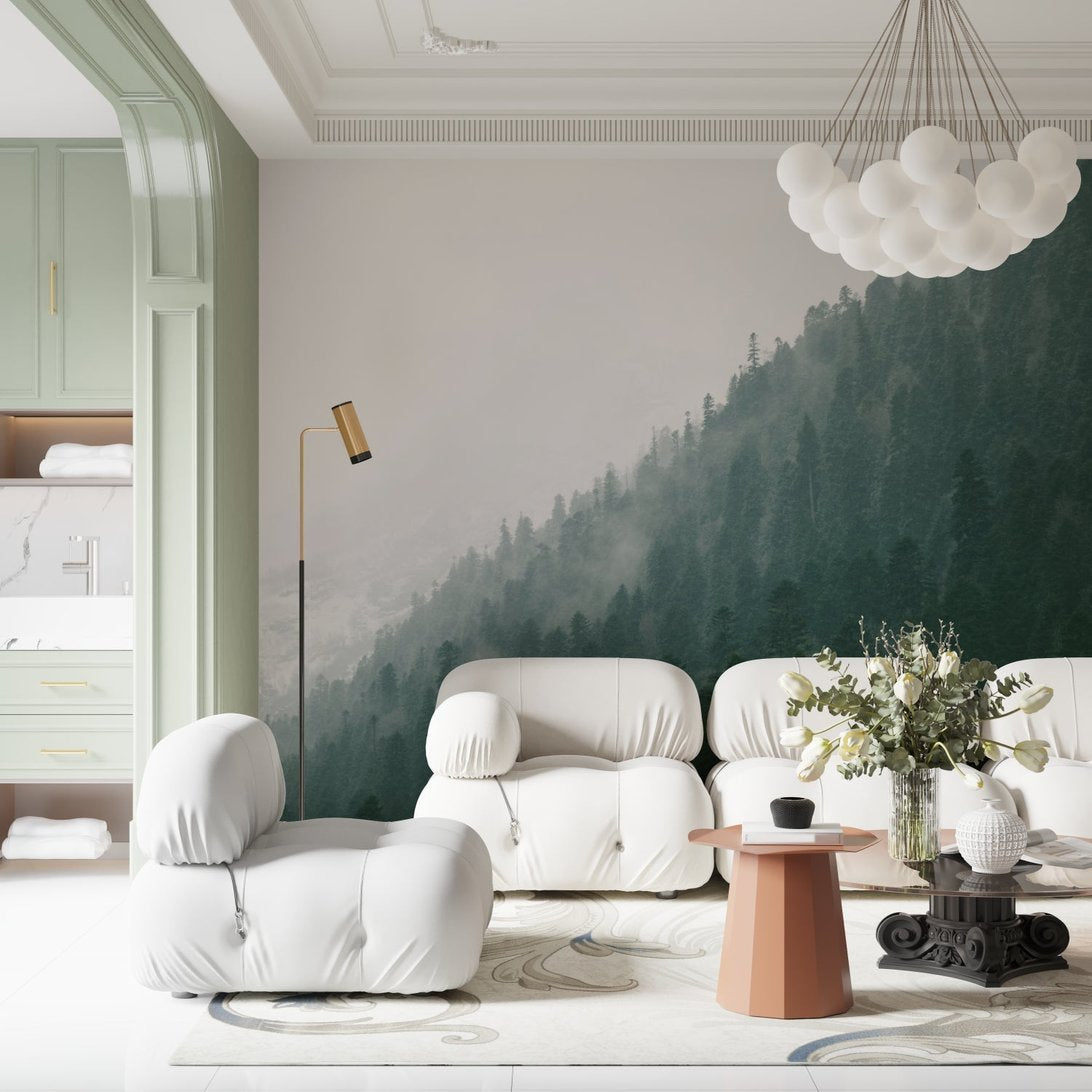 Close-up detail of misty pine forest mural wallpaper texture