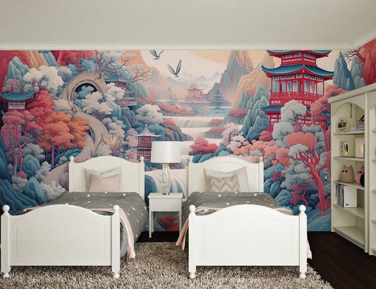 Japanese landscape mural wallpaper with pagodas and cherry blossoms in children's bedroom setting
