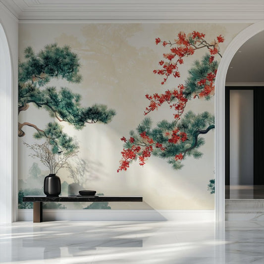 Japanese pine and cherry blossom mural wallpaper in modern minimalist living room with black shelf