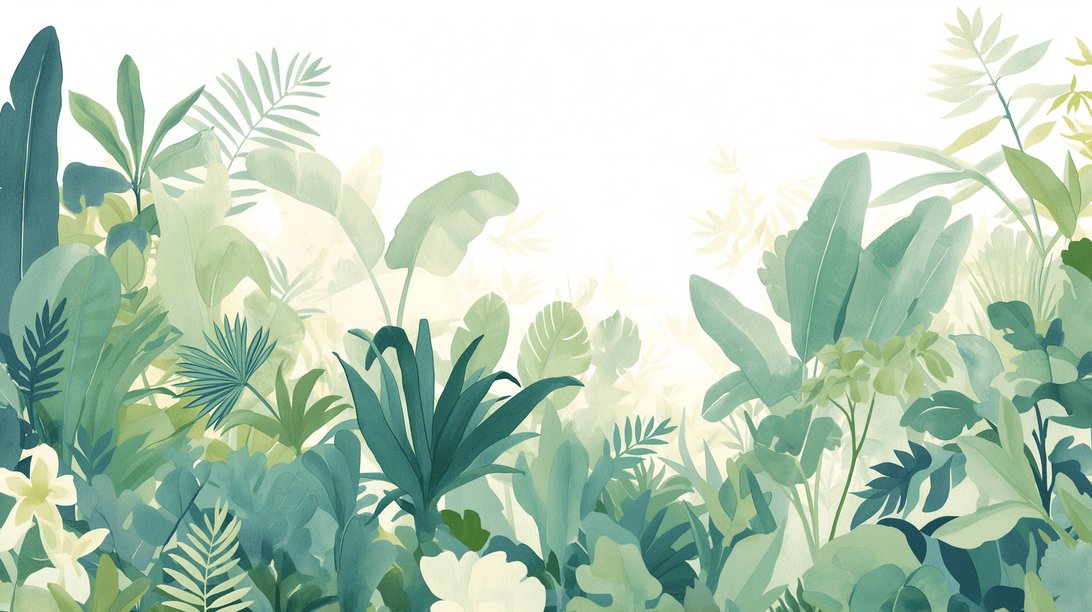 Detailed view of tropical jungle mural wallpaper showing lush watercolor foliage in sage green tones