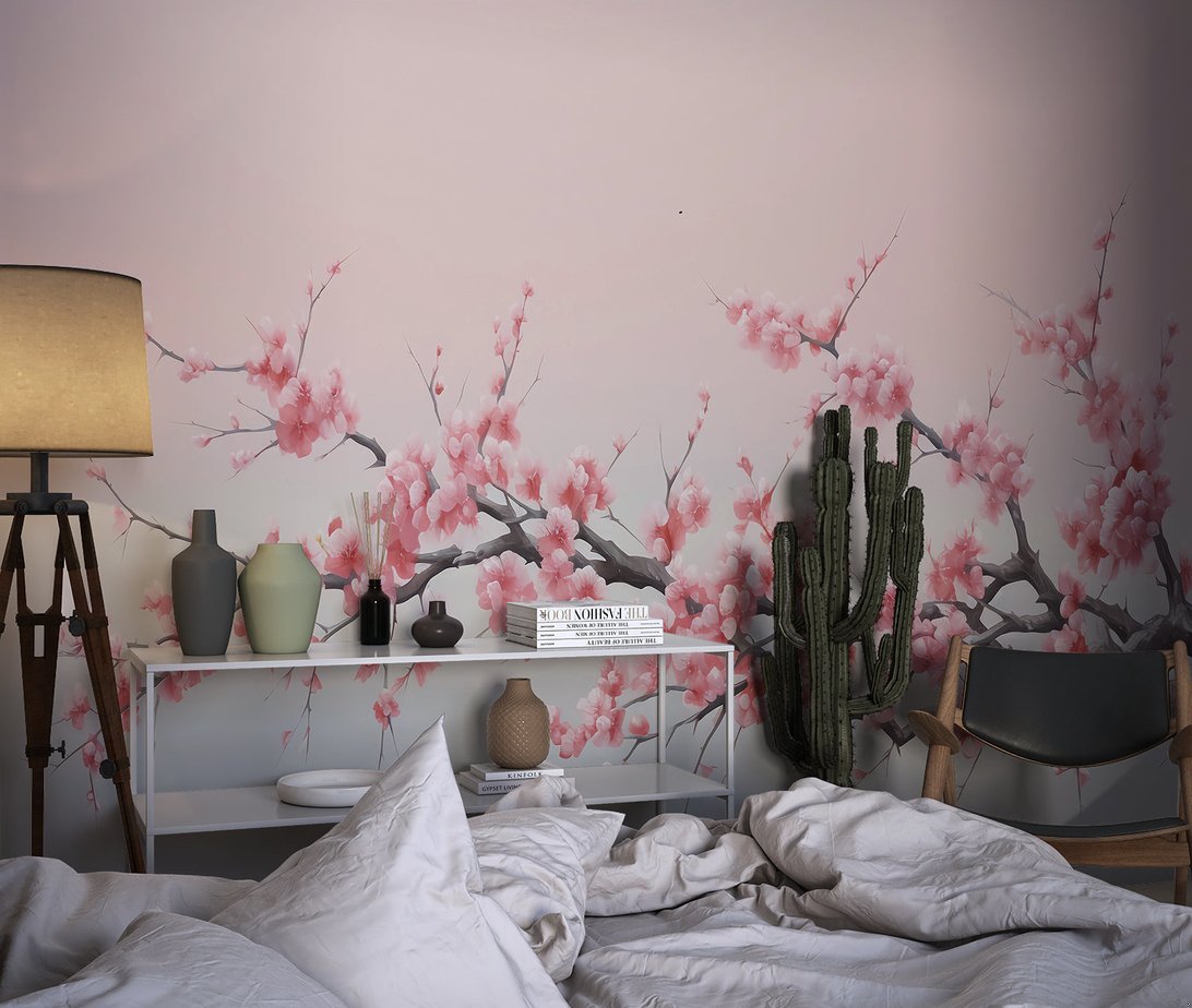 Grey gradient Cherry Blossom wallpaper in modern interior setting