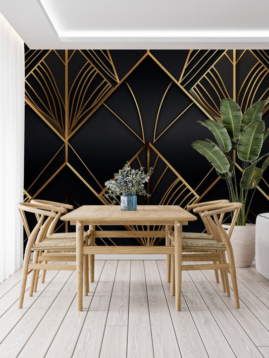Art Deco geometric mural wallpaper in black and gold shown in modern dining room with wooden furniture
