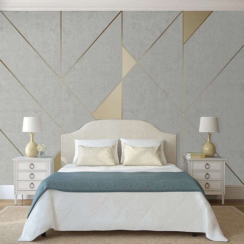 Art Deco geometric mural wallpaper showcased in elegant bedroom interior