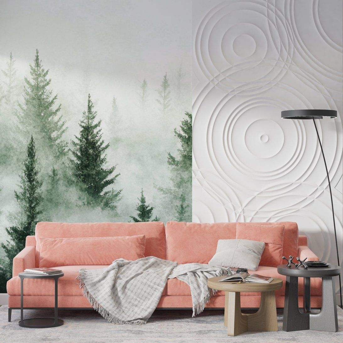 Contemporary living space with Misty Pine Forest mural wallpaper and coral sofa