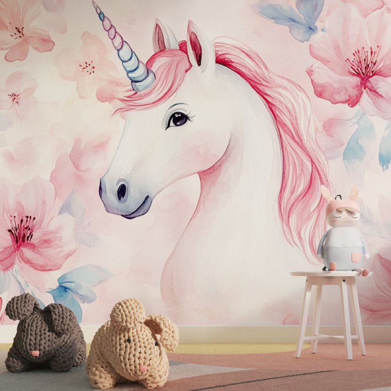 Dreamy unicorn wall mural installation in pink-themed bedroom