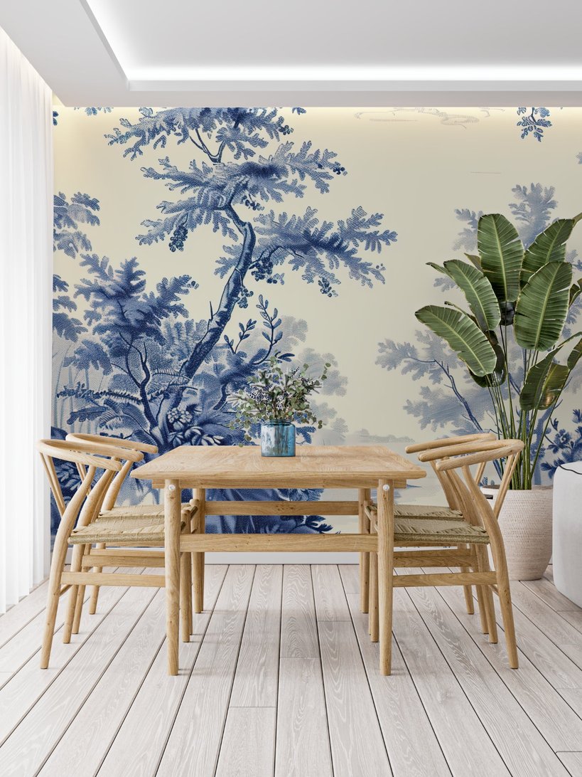 Toile de Jouy wallpaper with blue tree pattern in contemporary dining room setting