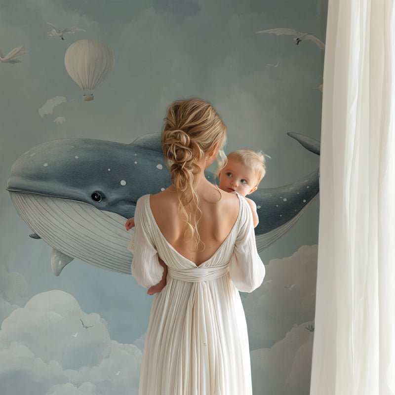 Whimsical whale mural wallpaper in a nursery setting with floating hot air balloons