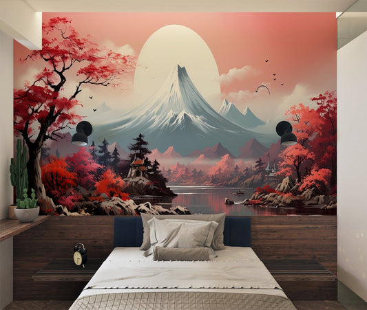 Mount Fuji mural wallpaper with cherry blossoms in a modern bedroom setting