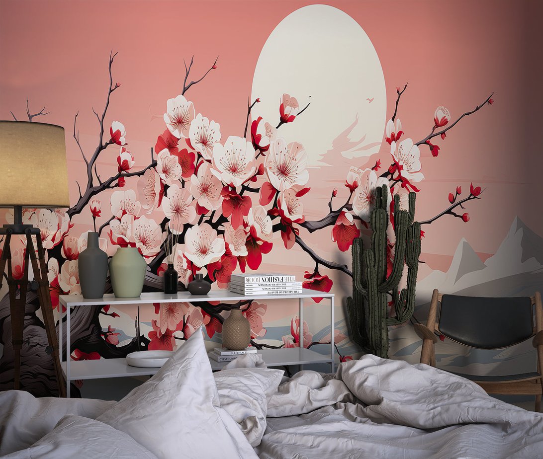 Close-up of Japanese cherry blossom mural wallpaper showing detailed sakura flowers