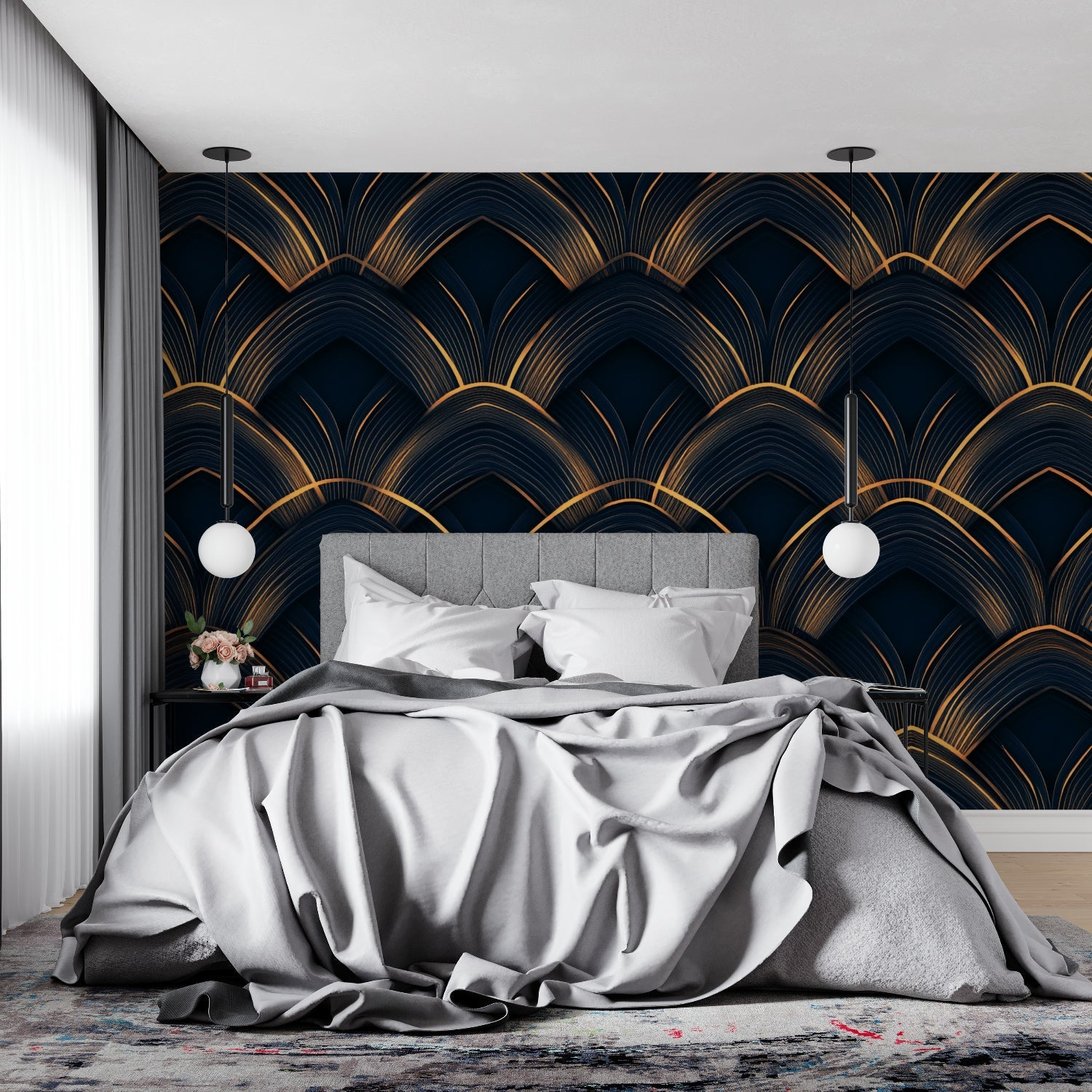 Art Deco black and gold fan pattern mural wallpaper in modern bedroom with grey bedding
