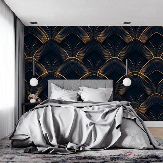 Art Deco black and gold fan pattern mural wallpaper in modern bedroom with grey bedding