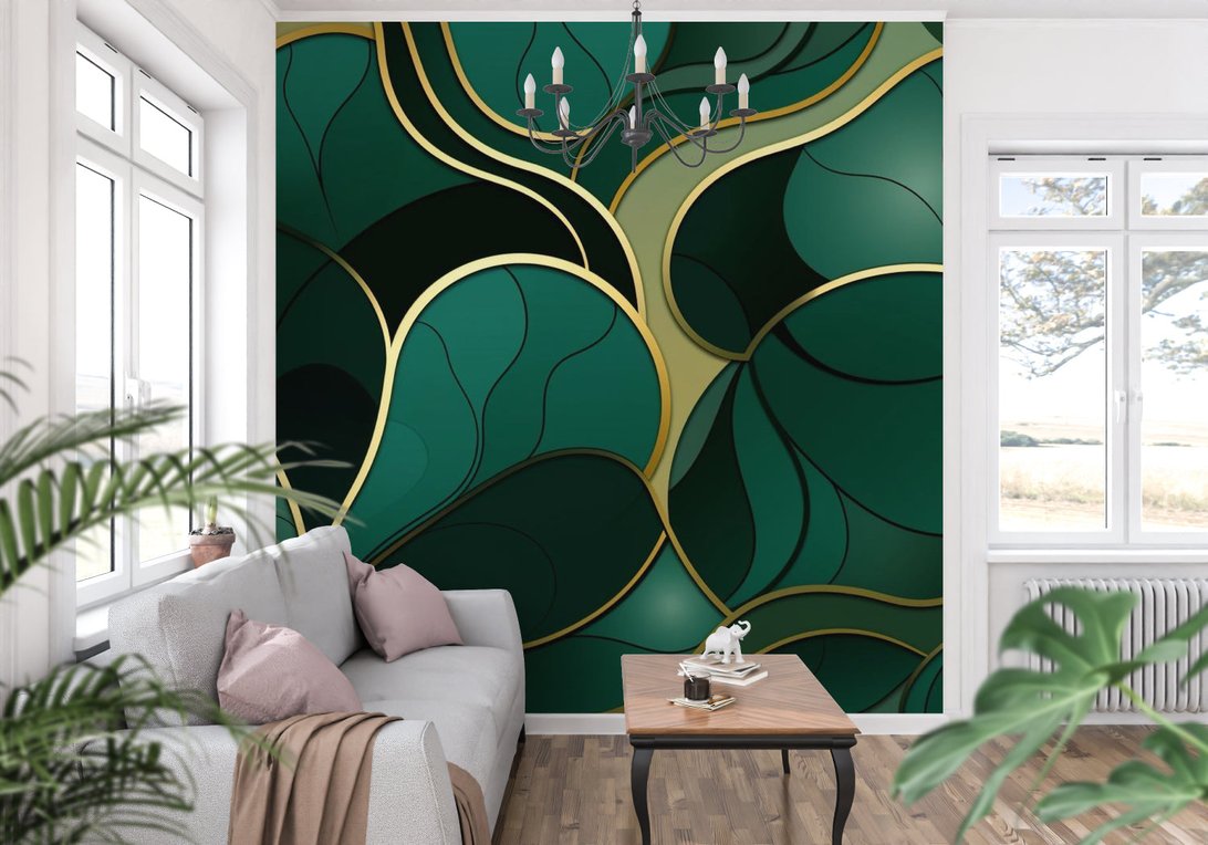 Luxurious Art Deco mural wallpaper with emerald leaves and golden accents in contemporary space