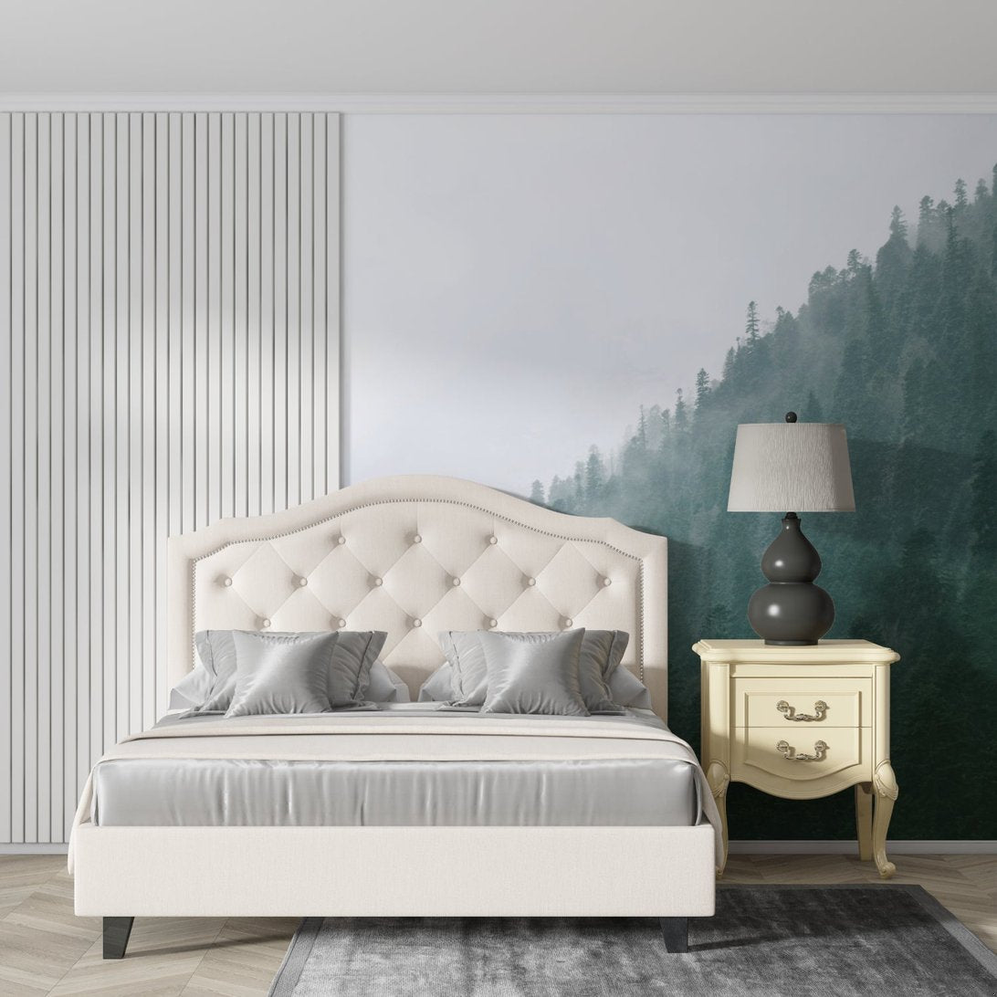 Misty mountain forest wallpaper in bedroom setting with contemporary furniture