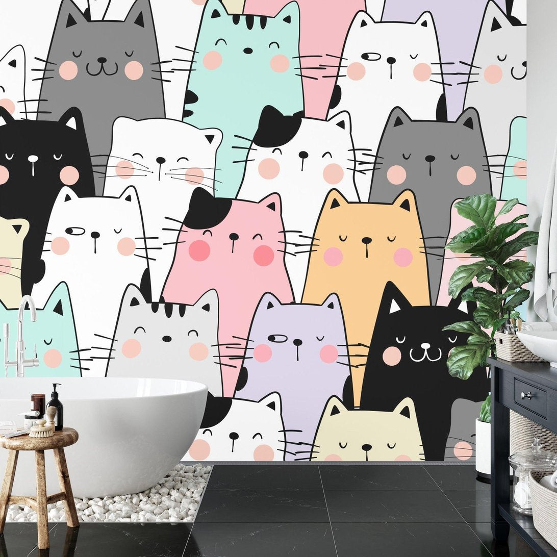 Kawaii cat wallpaper design showcased in modern bathroom interior