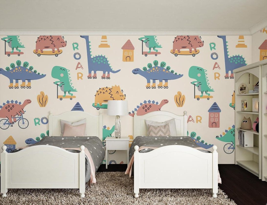 Sporty dinosaur mural wallpaper in pastel colors showing dinosaurs on skateboards and bicycles in a children's bedroom setting