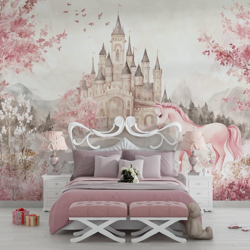 Pink castle and unicorn mural wallpaper installation in modern nursery