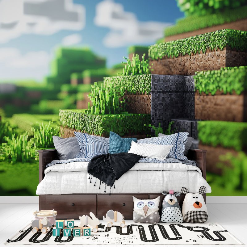Minecraft pixelated landscape mural wallpaper with cozy daybed setting