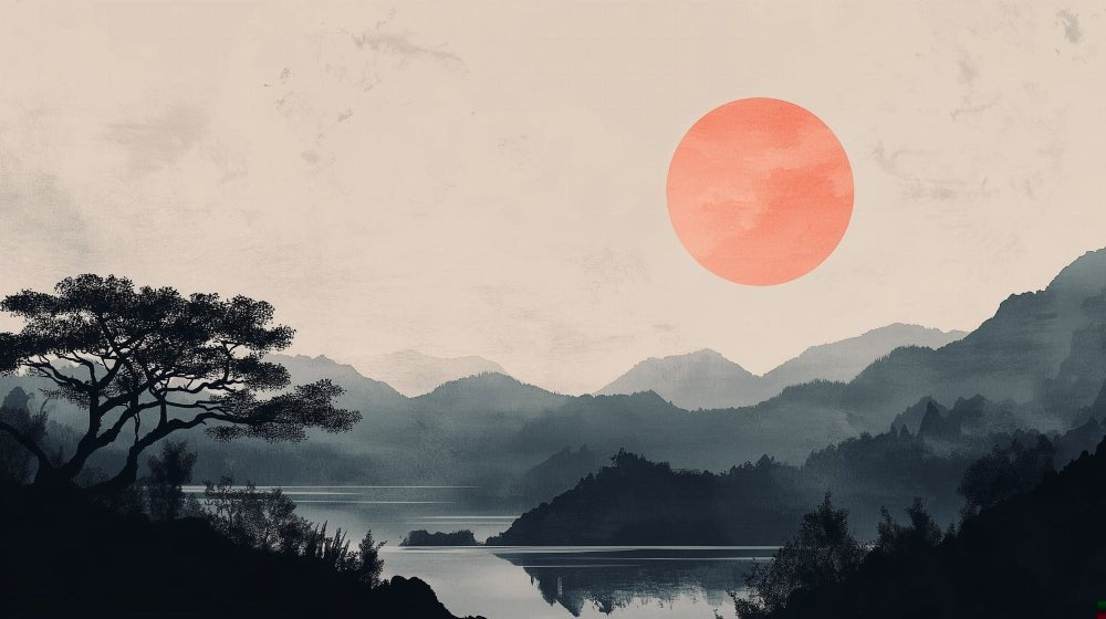 Detailed view of Japanese landscape mural wallpaper showing mountains, lake and coral sun