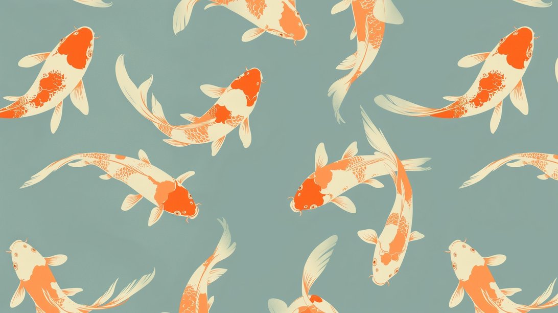 Detailed pattern of orange and cream Koi fish swimming on sage green background mural wallpaper