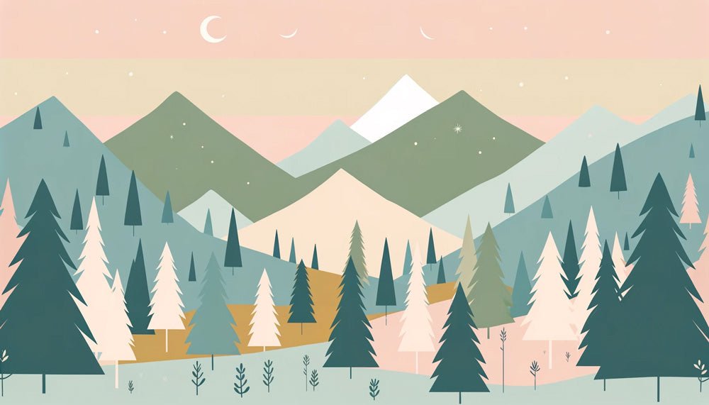 Panoramic view of Mountain Range Mural Wallpaper showing twilight sky with crescent moon and stars over pine forest landscape