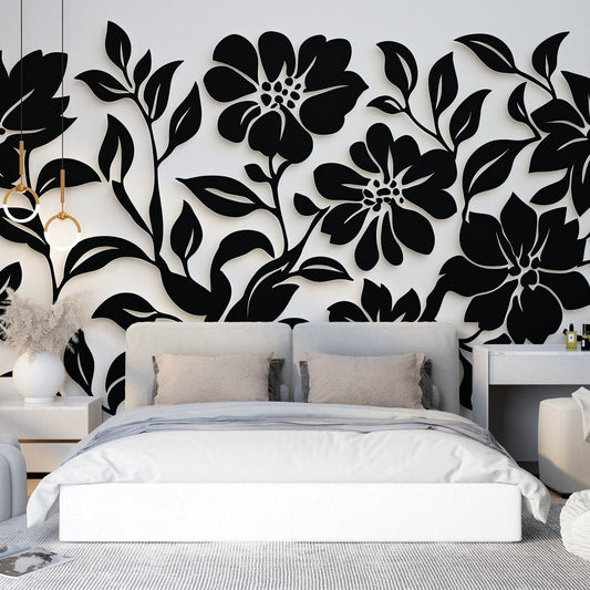 Black and white floral mural wallpaper showcasing large botanical pattern in modern bedroom setting
