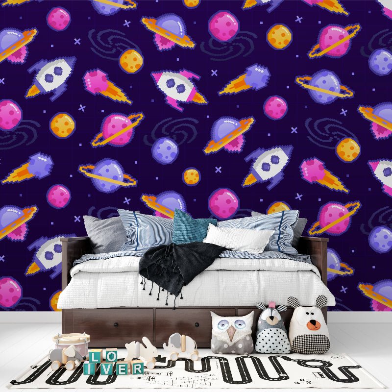Space Adventure Pixel Art Mural Wallpaper displayed in modern children's bedroom with white bed