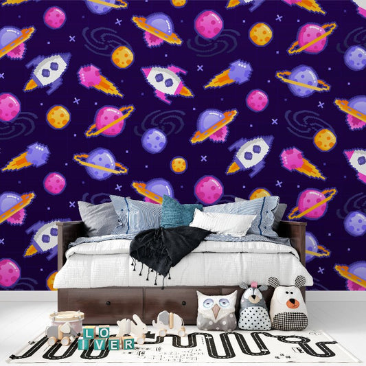 Space Adventure Pixel Art Mural Wallpaper displayed in modern children's bedroom with white bed