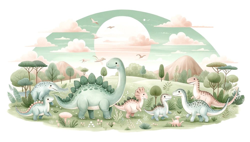 Close-up view of pastel dinosaur wallpaper design featuring friendly dinosaurs in mint green landscape
