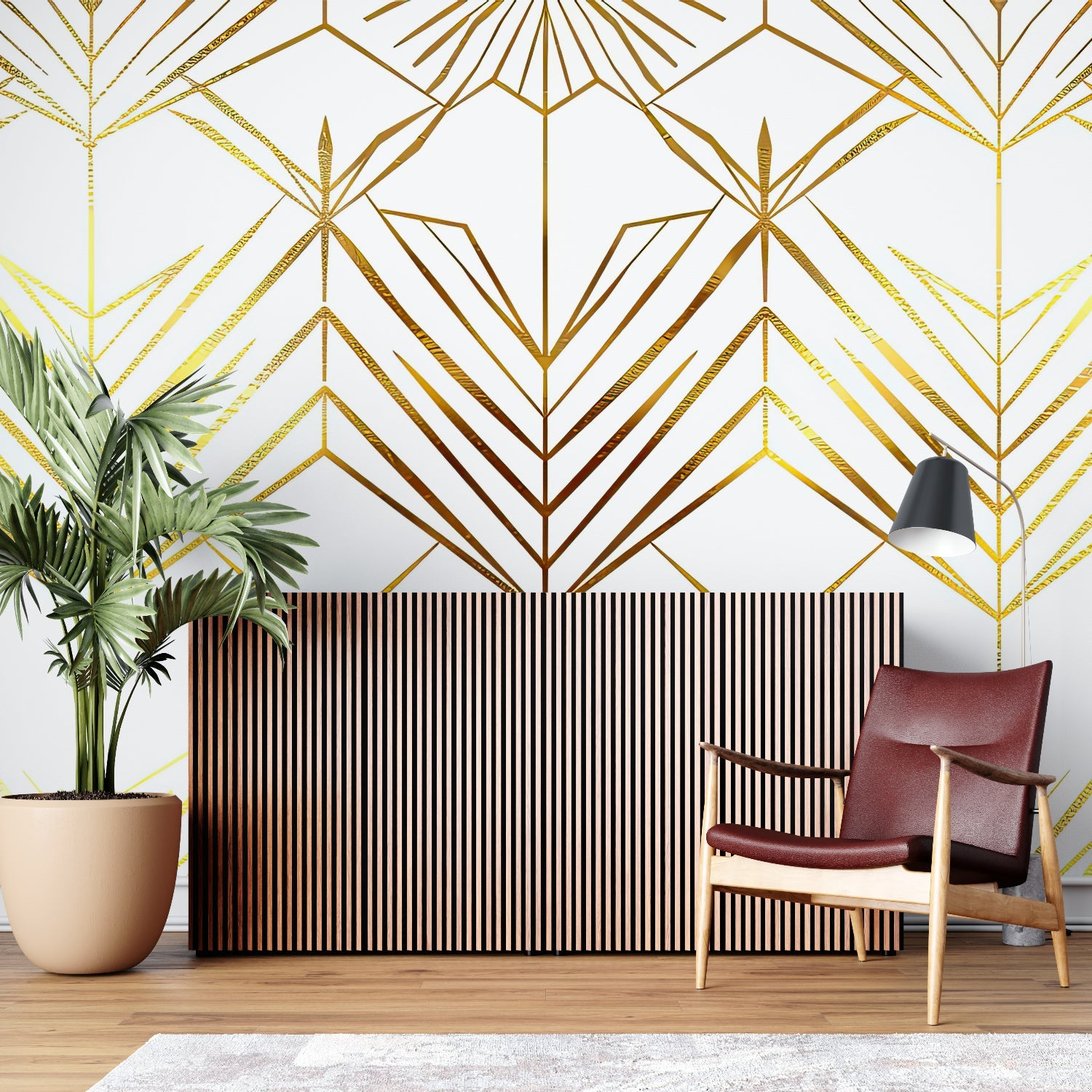 Full room view of Art Deco gold geometric wallpaper installation