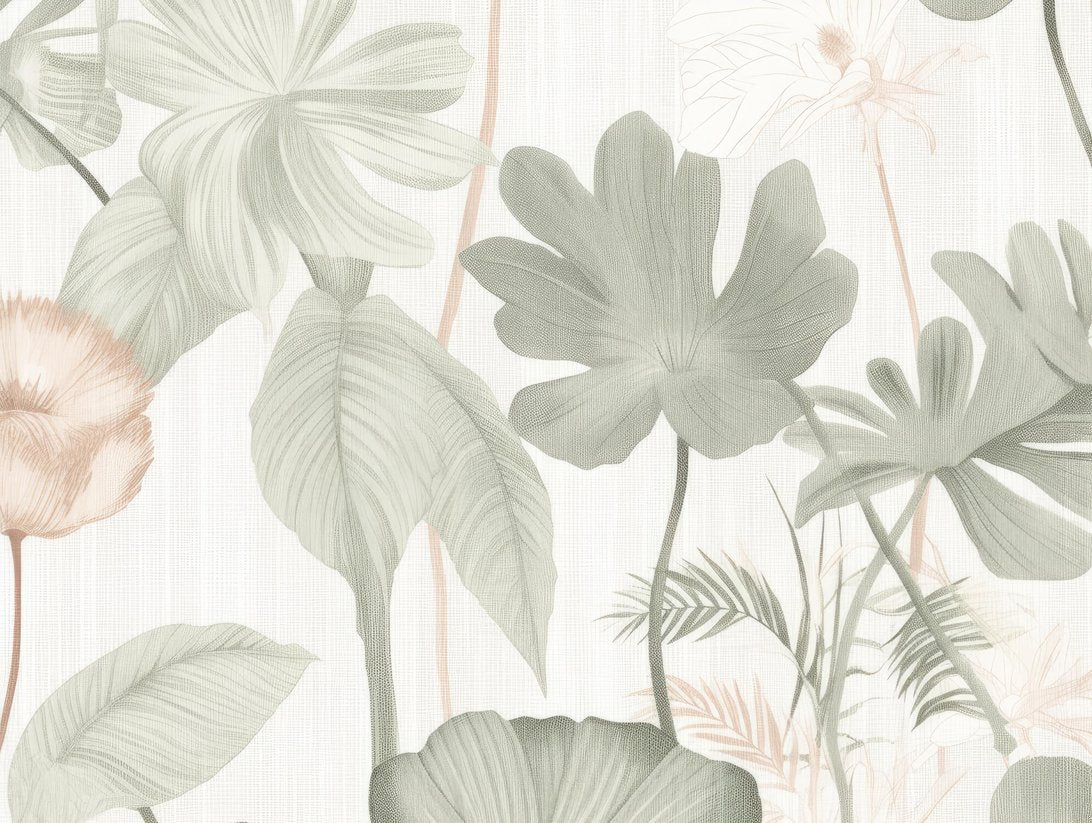 Large-scale tropical leaf pattern mural wallpaper in sage green tones