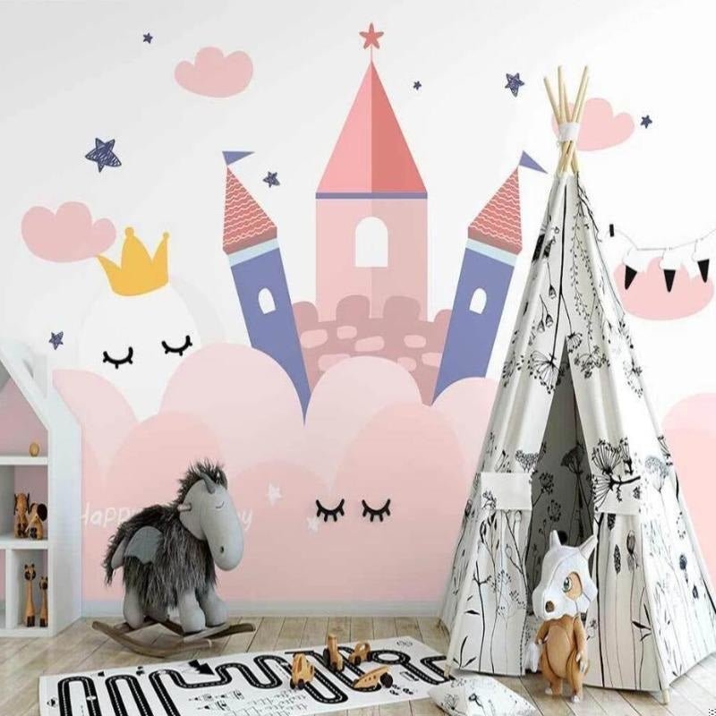 Princess castle mural wallpaper featuring teepee and rocking horse decor in children's bedroom