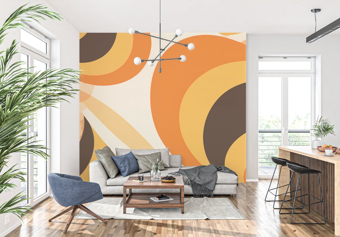 70s-inspired orange geometric mural wallpaper showcased in modern interior