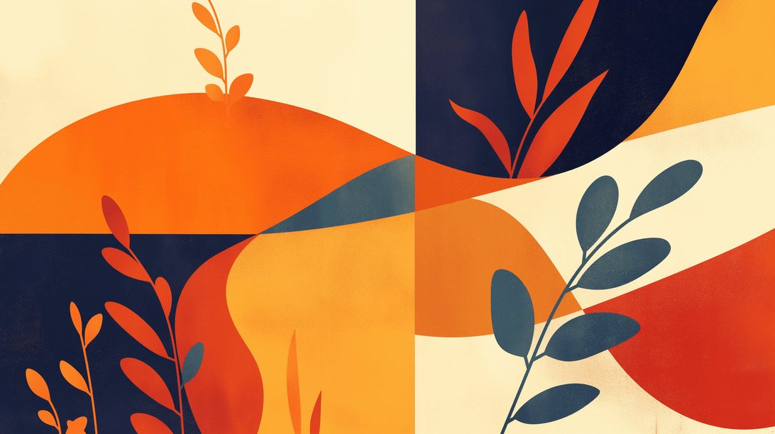Close-up detail of modern geometric botanical mural wallpaper pattern in orange and navy blue
