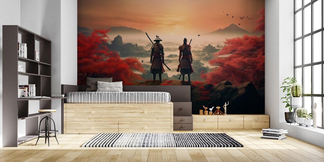 Japanese warrior mural wallpaper in modern bedroom with wooden furniture